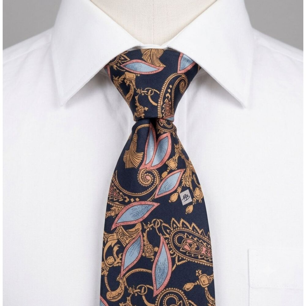 90s Balmain Paris Silk Tie Navy Gold Baroque Floral Garden Vintage Designer